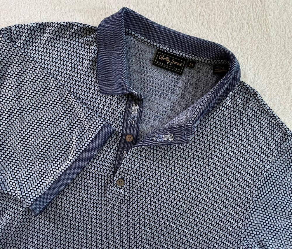 Vintage Bobby Jones Diamond Jacquard Embroidered Italian Polo Shirt Mens Medium